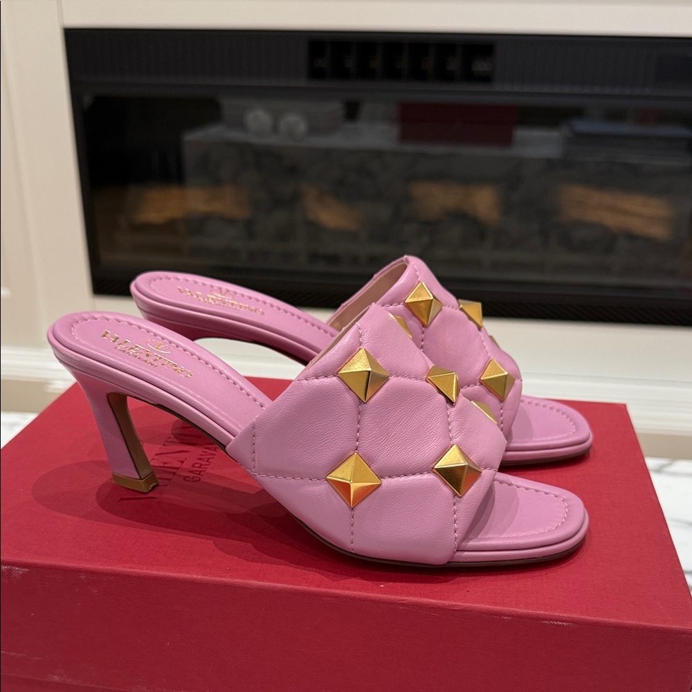 Valentino Pink Quilted Studded Mule Heels